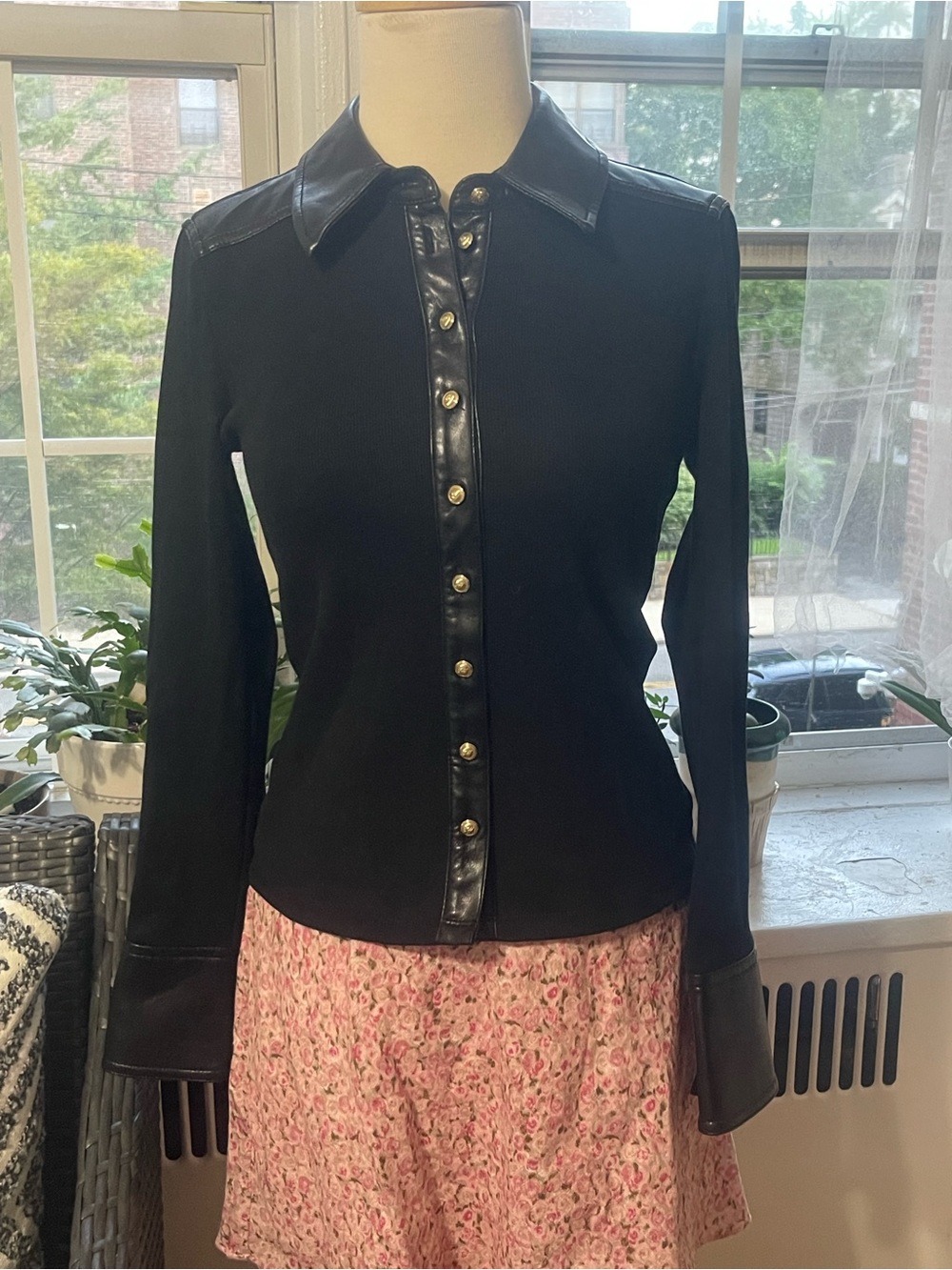 cinq a sept Black Jacket with Leather Trim and Gold Buttons